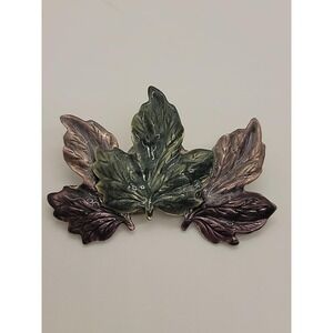 Vintage Autumn Fall purple green leaves enamel brooch pin